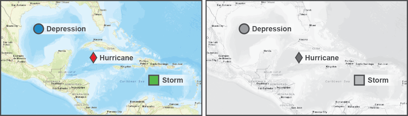 Two maps (color and grayscale) with both differently colored and differently shaped indicators to show weather conditions. Fully described in the text.