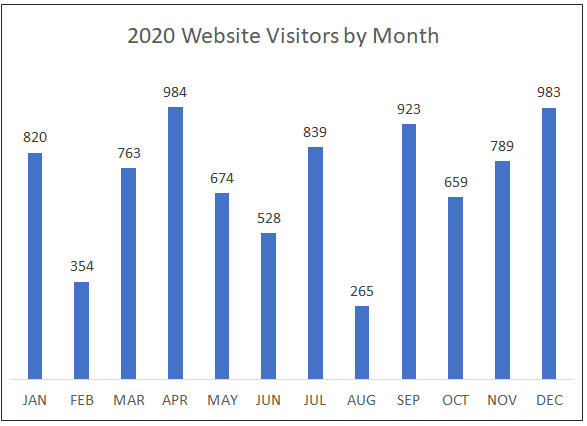 Bar chart showing the monthly number of website visitors for 2020. In this second version of the bar chart, the vertical gridlines, the vertical tick marks for the number of visitors, and both axis titles are removed. The remaining labels include the chart title, monthly tick marks for the horizontal axis, and the exact number of visitors at the top of each month's bar.