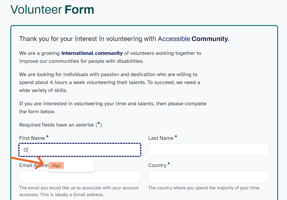 Focused textbox for the required First Name form field showing the user's first name suggested.