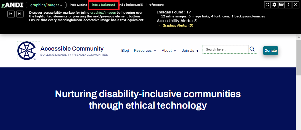 Screenshot shows a web page with the background image disabled. The white heading text appears over a dark blue background.