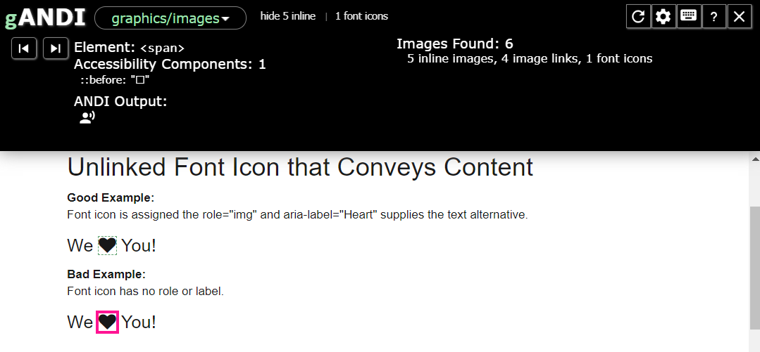 The heart image in the ANDI test results shows only a span element with no ANDI Output.