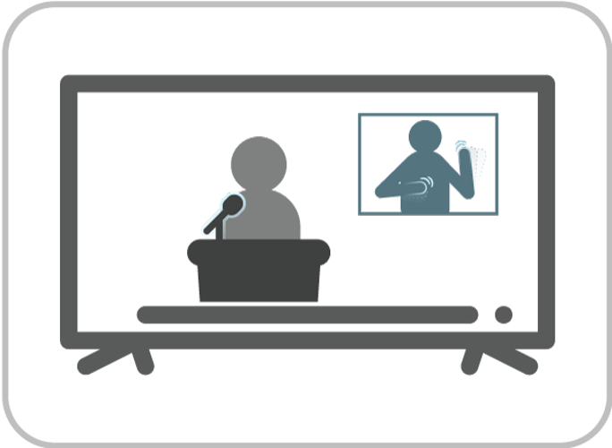 On a television show, icons represent a person speaking at a podium. A box in the corner of the TV screen contains a second icon of a person providing sign language interpretation.