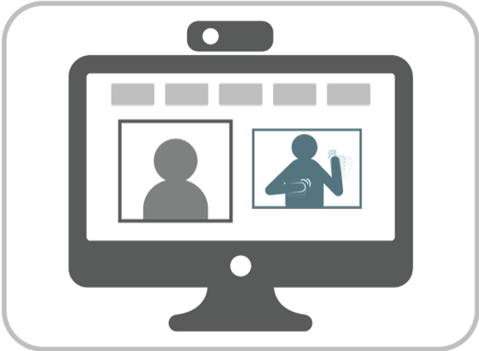 On a computer screen, icons represent a person talking within an online application. A second icon represents another person providing sign language interpretation within the same online application.