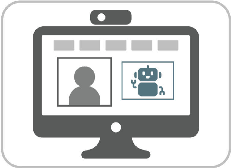 On a computer screen, icons represent a person talking within an online application. A second icon represents an AI-generated bot providing sign language interpretation within the same online application.
