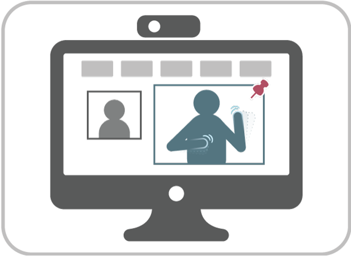 On a computer screen, icons represent a person talking within an online application. A second icon represents another person providing sign language interpretation within the same online application. The window containing the sign language interpreter has a pin icon in the upper right corner, indicating that the window is pinned.