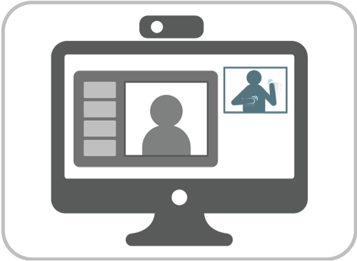 On a computer screen, icons represent a person talking within an online application. In another window that indicates a second application, an icon represents another person providing sign language interpretation.