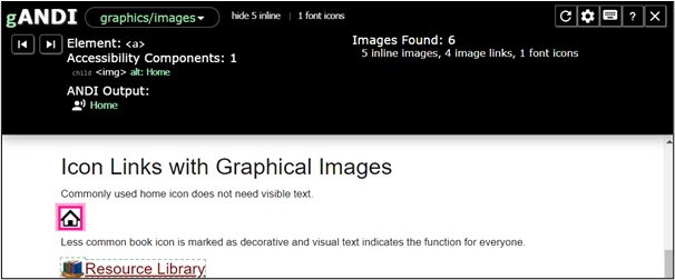 ANDI test results show the house image is correctly coded within an <a> tag, and the image’s alt text and ANDI Output both read “Home.”