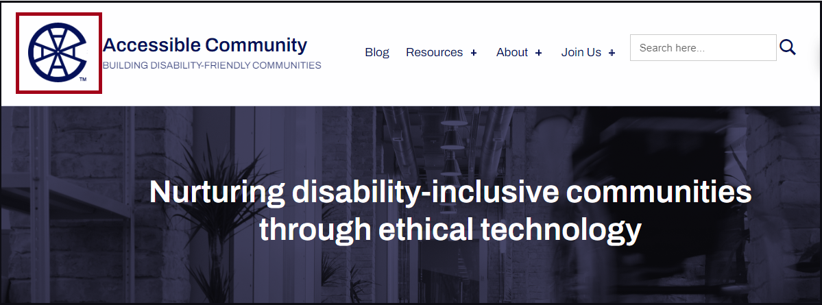 Screenshot of the Accessible Community home page with the logo in the upper left corner of the page highlighted.