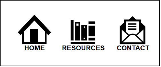 Menu with three images above corresponding text labels: a house with the label “home,” books with the label “resources,” and an envelope with the label “contact.”