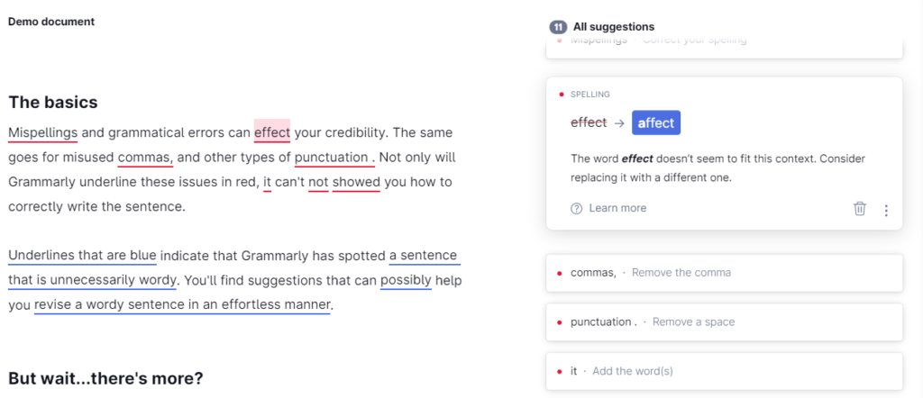Screenshot of Grammarly’s demo page with several spelling, grammar and punctuation errors identified. The highlighted error identities the incorrect use of the word “effect” in the sentence, “Mispellings and grammatical errors can effect your credibility.” Grammarly then suggests that the word “affect” seems to be a better fit.