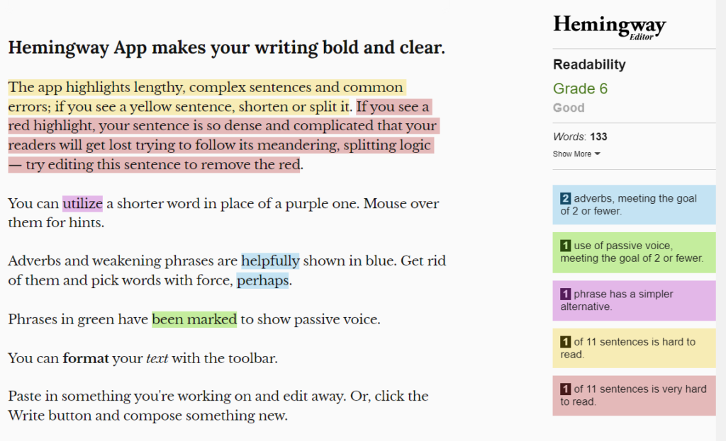 Hemingway screenshot shows text marked up to identify complex sentences, complex words, passive voice, and other potential issues that can be changed to improve grammar. Two long sentences are highlighted to stand out and Hemingway offers suggestions to correct them.