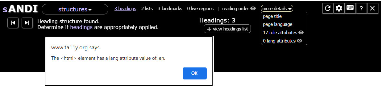 Screenshot of page language test results using ANDI. A popup window states that 'The <html> element has a lang attribute value of en.'