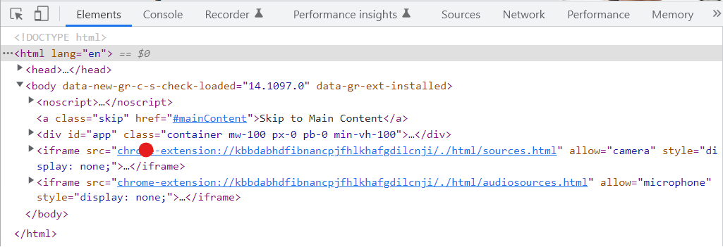 Screenshot of code seen in the Browser Inspect Tool. The second line of code is <html lang="en">.