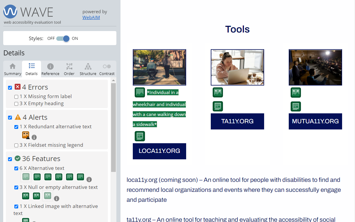 WAVE test results with the test results panel listing accessibility issues on the left and part of the web page with three images on the right. WAVE marks each image with its image icon and visibly displays the alt text next to the icon. See the following text for a complete description.