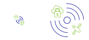 A green lock over a cloud in the top-left corner and a green satellite in the lower-right corner overlay four concentric blue rings. There is a small and a large version of the image.