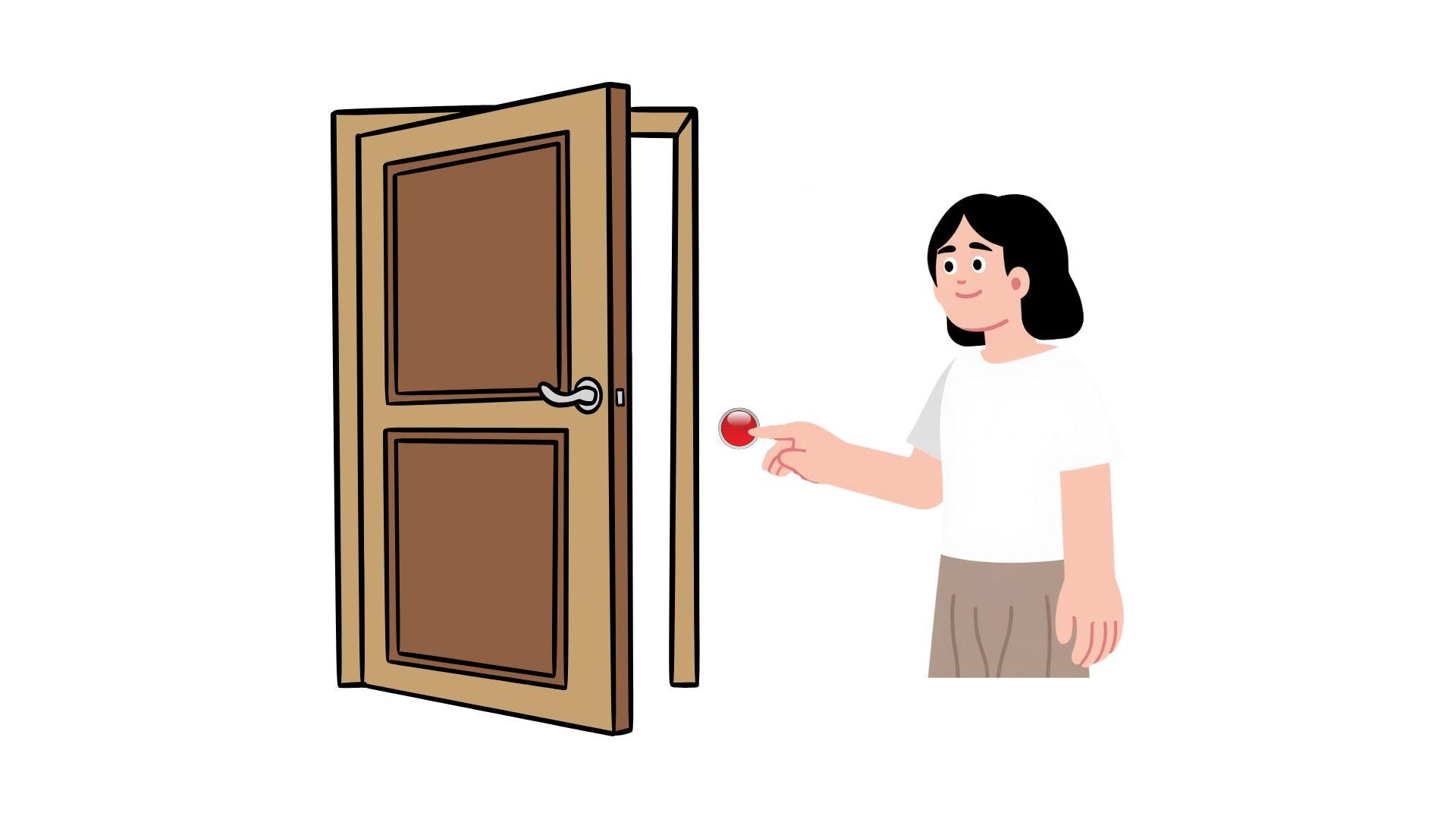 A smiling person presses a button next to an opening door