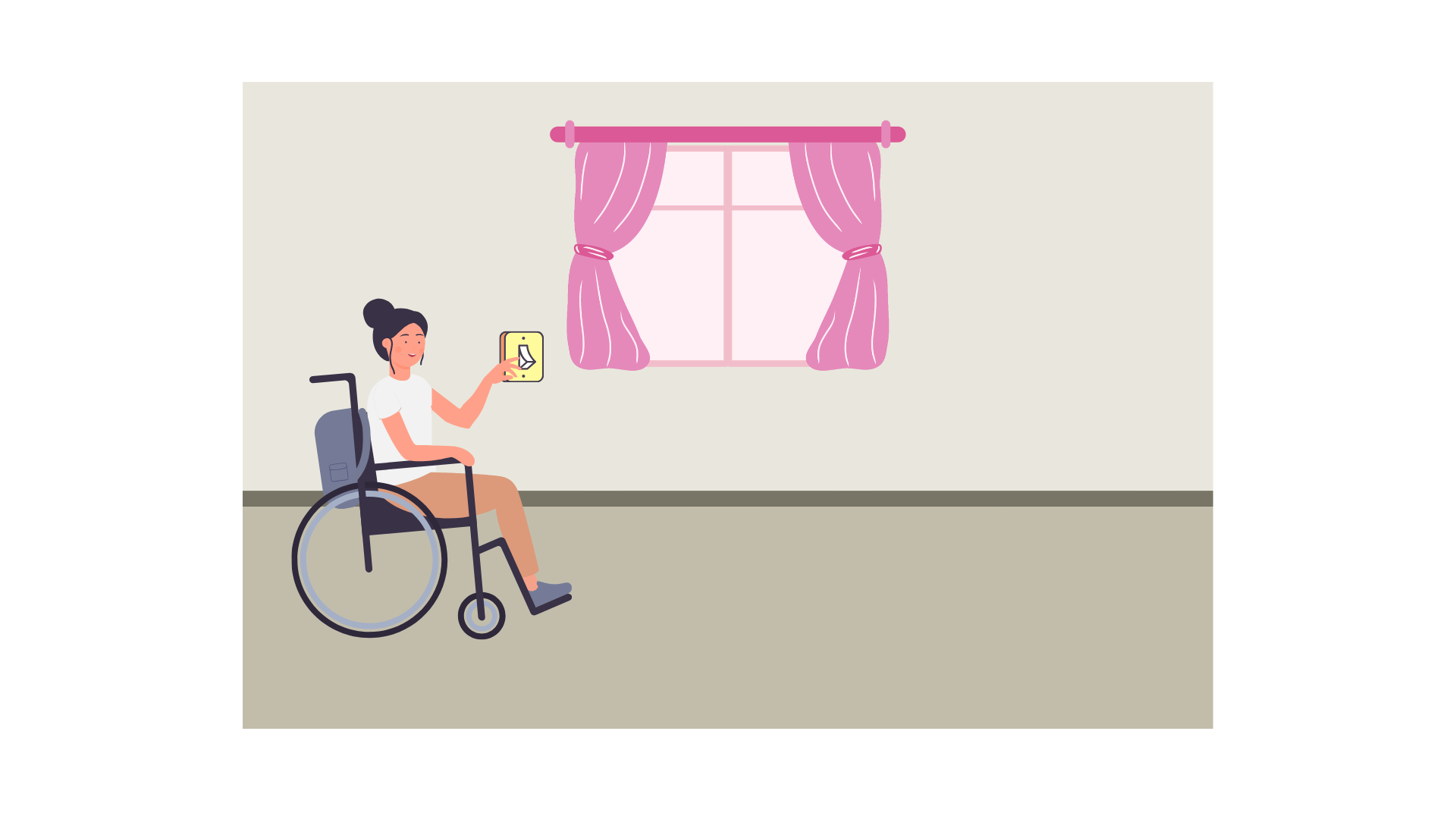 A woman in a wheelchair reaches towards a light switch by a window with pink curtains.