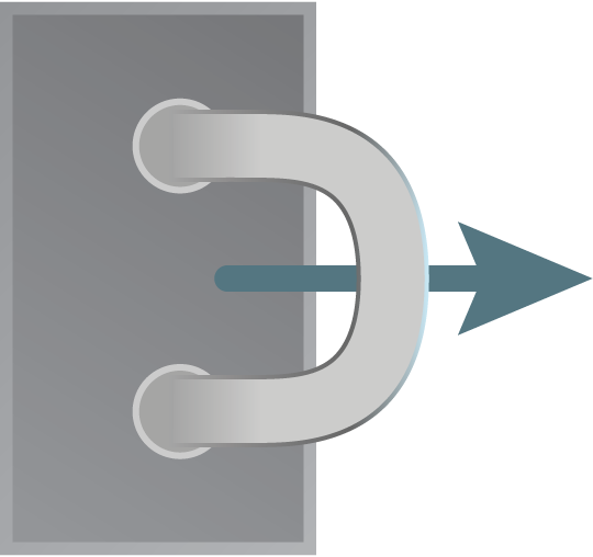 A D-shaped door handle with an arrow pointing outwards.